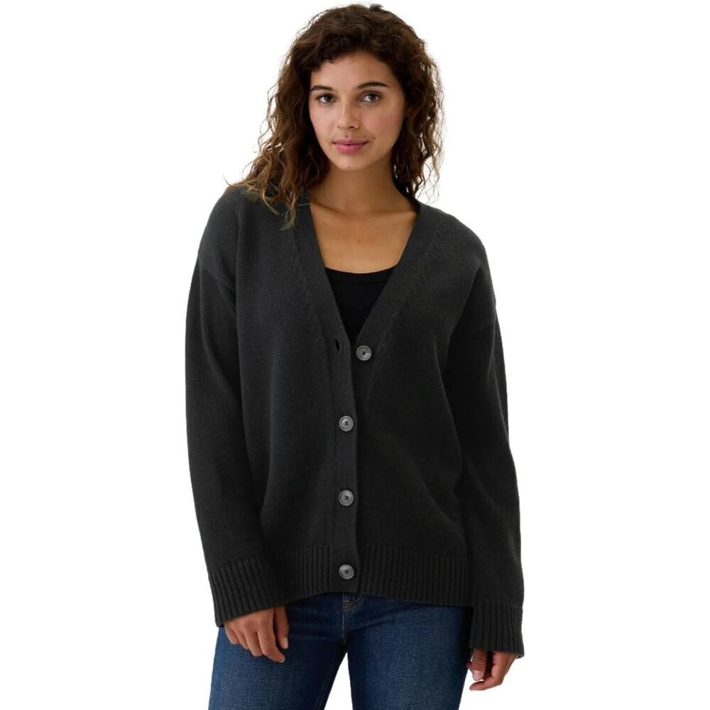 Women's Cotton Boyfriend Cardigan Medium Black Classic Cozy Pullover